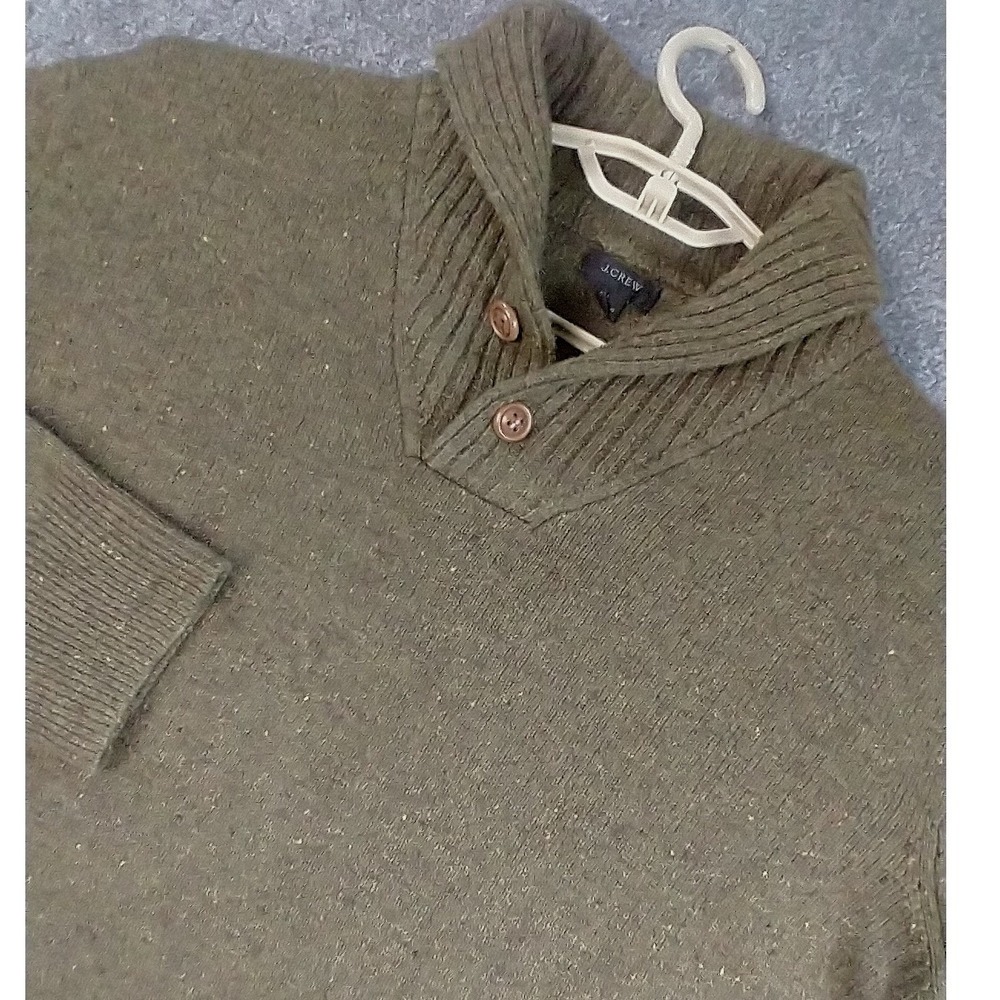 J.Crew Shawl Collar Sweater Mens Large Olive Green Donegal Merino Wool J7664